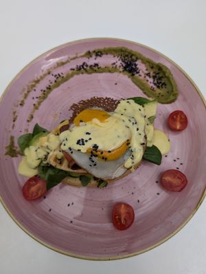 Waffle with vegan fried egg and bacon at Creme Cafe in Lanzarote