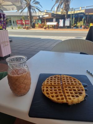 No icing sugar, no ice cream waffles with maple watermelon smoothie at Creme Cafe in Lanzarote
