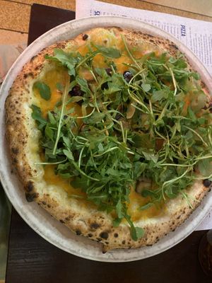 Yellow sun dried tomato, aubergine and rocket.   at Paesano Pizza - West End in Glasgow