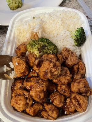 General Tso’s with soy protein and white rice  at Ye's Asian Vegan Kitchen in Hilliard