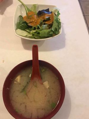 Miso soup and salad at Ye's Asian Vegan Kitchen in Hilliard