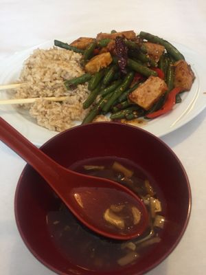 Garlic string beans with tofu and soup at Ye's Asian Vegan Kitchen in Hilliard