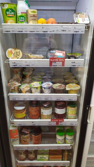 fridge with vegan yoghurts at Moje ZV in Prague