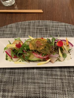 Tasty vegan cheese under the great decoration!   at Saido in Tokyo