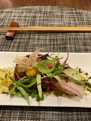 Salad with homemade vegan cheese at Saido in Tokyo