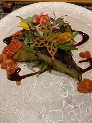 Roasted eggplant with homemade butterfly potato chip at Saido in Tokyo