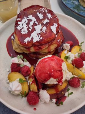 Vegan peach pancakes at Cafe Strange Brew in Glasgow