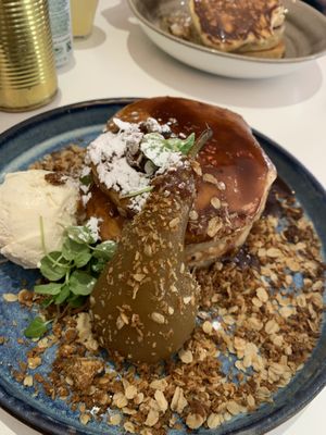 Chia poached pear pancakes 🥞fro  at Cafe Strange Brew in Glasgow