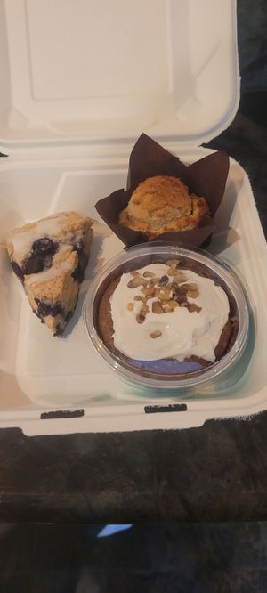 Blueberry scone, blueberry muffin, and carrot cake all vegan! at Cafe Surfinista in Indialantic