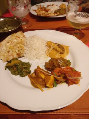 5 vegan dishes with rice and garlic naan (as a large group we let the owner decide for us and we were all amazed by all the different spices and the delicious naan bread; the garli at Royal India in Ghent