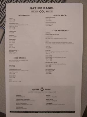 Menu as of September 2018 at Native Bagel Company in Berea