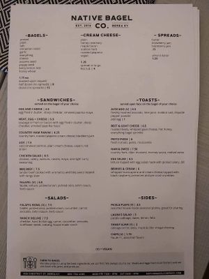 Menu as of September 2018 at Native Bagel Company in Berea