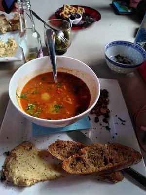 Havarí soup and vegan waffles in the background at Tehusid in Egilsstadir