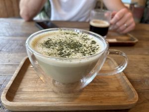 Matcha latte with oat milk  at Peanut's Café in Sainte-maxime