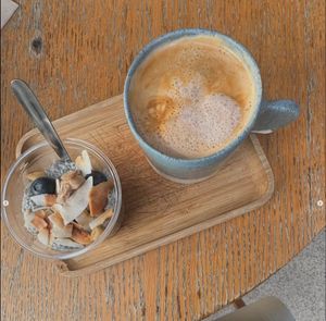 Plant-based Latte and Chai Seed pudding.  at Peanut's Café in Sainte-maxime