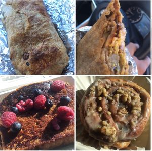 Delicious burrito, inside of burrito, French toast, maple walnut cinnamon roll. at Sita's Kitchen  in Trinidad