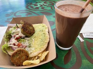 Falafel sandwich and chunky monkey smoothie at Sita's Kitchen  in Trinidad