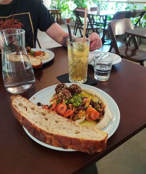 Hummus with falafel and homemade bread at Konvikt in Olomouc