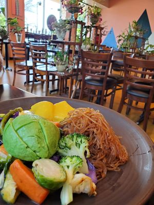 Signature plate with warmed veggies and tofu at Nancy's Sky Garden in Austin
