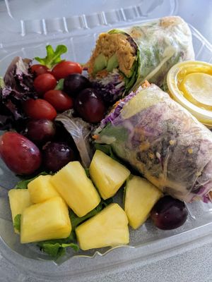 Hummus/Avocado Prism Roll with fruit at Nancy's Sky Garden in Austin