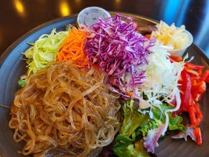 Sweet potato noodles, no protein, toasted sesame dressing. Add pickled ginger.😋 at Nancy's Sky Garden in Austin