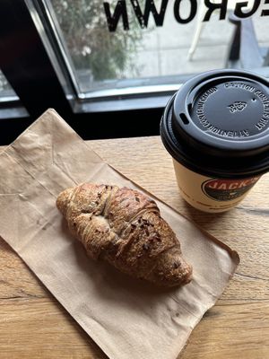 Blueberry croissant and “Mountie” Maple Cinnamon Latte  at Jack's Stir Brew Coffee - Tribeca in New York City