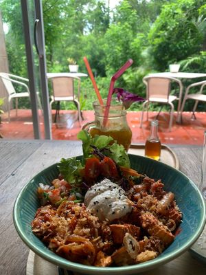 Wow delicious roast sweet potato and jackfruit bowl at Pure Vegan Heaven in Koh Samui