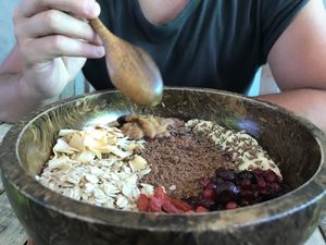 Cacao peanut butter acai bowl 💚  at Pure Vegan Heaven in Koh Samui