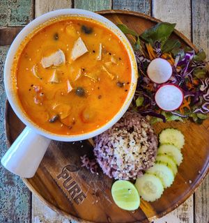 Creamy Tom Yum Spicy soup at Pure Vegan Heaven in Koh Samui