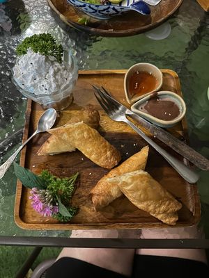 Fried bananas with coconut ice cream and delicious dipping sauces  at Pure Vegan Heaven in Koh Samui