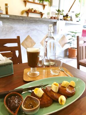 Sweetpotato pancakes with coconut-chocolate-cream and banana  at Pure Vegan Heaven in Koh Samui