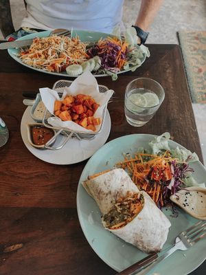 Falafel wrap & papaya salad with sweet potatoes at Pure Vegan Heaven in Koh Samui