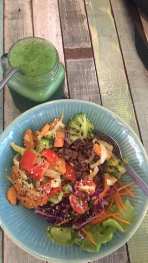Thai curry with detox juice at Pure Vegan Heaven in Koh Samui