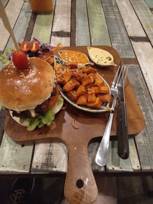Burger and sweet potatoes. at Pure Vegan Heaven in Koh Samui