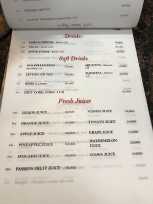 Menu at The Sky Over Dalat in Da Lat