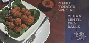 Today’s special: spaghetti w. Vegan lentil meatballs in tomato sauce d:) at The Sky Over Dalat in Da Lat