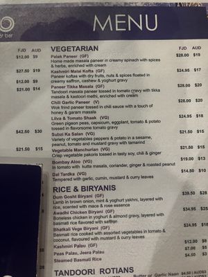 Menu  at Indigo in Nadi