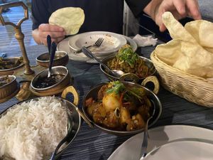 Chutneys, poppadoms, Bombay aloo and lilva and tomato shaak.  #Veganuary at Indigo in Nadi