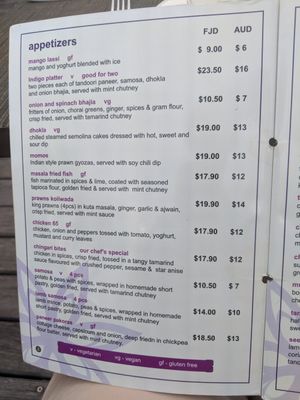 Menu (v is vegetarian, vg is vegan) at Indigo in Nadi