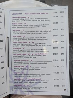Menu (v is vegetarian, vg is vegan) at Indigo in Nadi