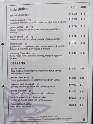 Menu (v is vegetarian, vg is vegan) at Indigo in Nadi