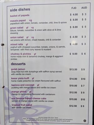 Menu (v is vegetarian, vg is vegan) at Indigo in Nadi