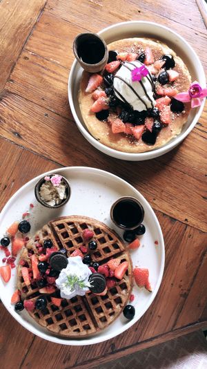 Vegan Waffle and non vegan pancake  at Shelter Cafe in Seminyak