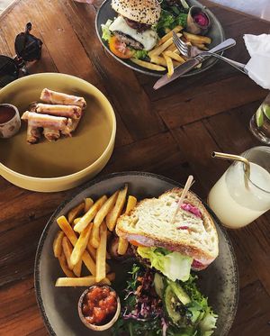 Spring rolls, shelter burger (meat) and veggie burger (made vegan) 💚 at Shelter Cafe in Seminyak