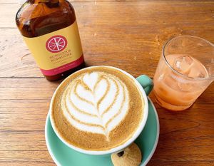 Latte and kombucha at Shelter Cafe in Seminyak