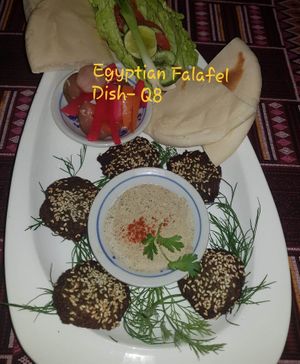 Egyptian Falafel Dish
Pieces of Egyptian falafel, serve with pita, salad and hummus.
 at The Pharaoh's Restaurant in Vientiane