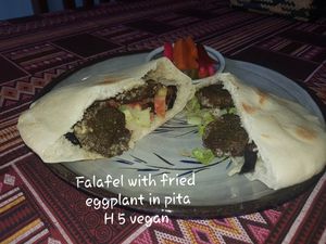 Falafel & Fried Eggplant
Falafel mixed with fried slices of eggplant laid over salad and tahini.
 at The Pharaoh's Restaurant in Vientiane