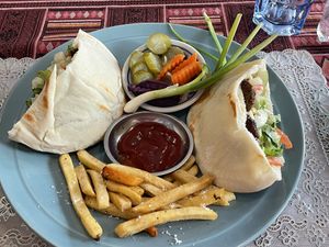 Egyptian falafel sandwich (160,000 kip) with added French fries (40,000 kip).  at The Pharaoh's Restaurant in Vientiane