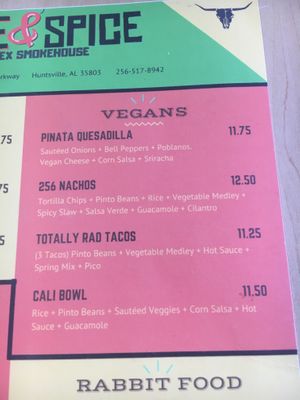 Vegan menu section at Fire & Spice in Huntsville