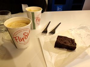 Flat white, mocha and salted caramel brownie at Flipside in London